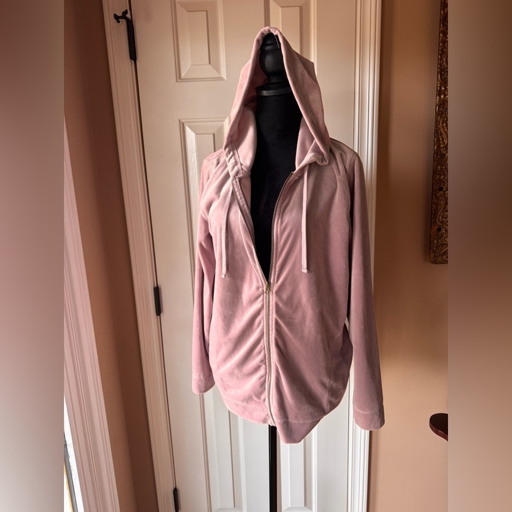 HUE Women's Mauve Velour Hooded Front Zip Up Jacket size medium - Picture 2 of 7
